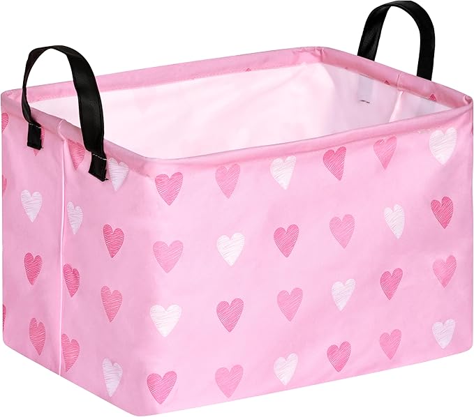 Valentine's Day Gift Basket Pink Heart Print Box Hamper Storage Basket Collapsible Organizer Bin Gift Shelf Baskets for Home and Kitchen Storage