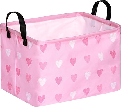 Valentine's Day Gift Basket Pink Heart Print Box Hamper Storage Basket Collapsible Organizer Bin Gift Shelf Baskets for Home and Kitchen Storage