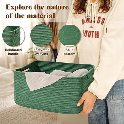 3 Pack Large Storage Basket for Organizing, 17.5"x13"x7" Woven Basket for Shelves, Closet Cube Storage Bins with Wrapped Handle, Cotton Rope Baskets for Kitchen, Clothes, Toys(Green)
