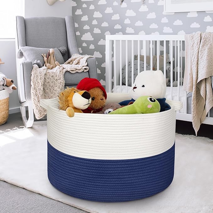 115L Super Large Blanket Basket, Cotton Rope Woven Bin for Toy, Clothes, Laundry, Shoes, Toy Box for Living Room, Oversized Organizer, XXXL Jumbo Basket for Blankets, 23.6"x15.7", Navy Blue