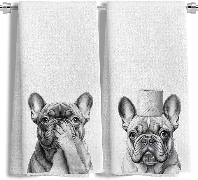 French Bulldog Gifts Kitchen Towels Set of 2，French Bulldog Gifts for Women Men Decor Accessories Hand Towels for Bathroom，Funny Dog Bathroom Hand Towels，16x24 Inch