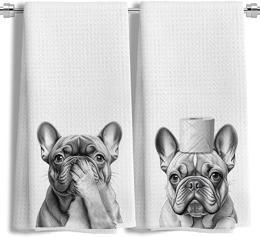 French Bulldog Gifts Kitchen Towels Set of 2，French Bulldog Gifts for Women Men Decor Accessories Hand Towels for Bathroom，Funny Dog Bathroom Hand Towels，16x24 Inch