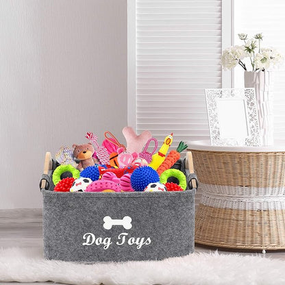 Geyecete Dog Toys Storage Bins - with Wooden Handle, Collapsible Pet Supplies Storage Basket Pet Supplies Storage Basket/Bin Kids Toy Chest Storage Trunk (Grey)