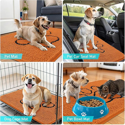 OLANLY Dog Door Mat for Muddy Paws 48x30, Paw Print Design, Absorbs Moisture and Dirt, Absorbent Non-Slip Washable Doormat, Quick Dry Chenille Mud Mat for Dogs, Entry Indoor Entryway Carpet, Clay