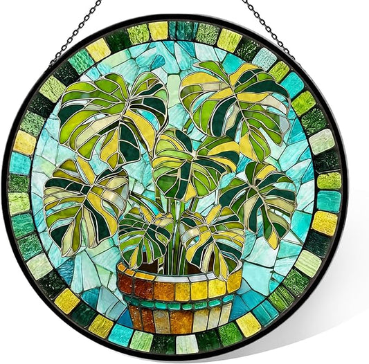 Stained Glass Suncatcher for Window, 7.9" Green Monstera Leaf Sun Catcher Hanging, Colorful Glass Panel Decor for Birthday, Christmas, Housewarming Gifts for Women & Men