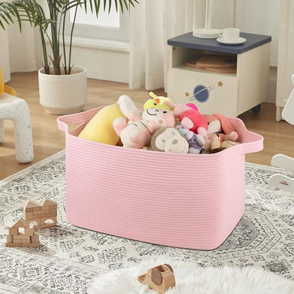 95L Extra Large Blanket Basket, 24" x 16.9" x 14.2" Woven Storage Basket for Living Room, Rectangle Nursery Blanket Storage for Toys, Towels, Dirty Clothes (Pink)