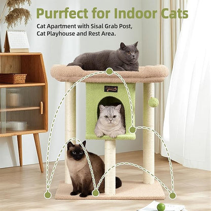 Cat Tree Tower Scratching Post for Indoor Large Cats, Small Cat Tree with Big Perch Bed, 28in Tall Trees House with Condo Cave, Toy Balls, Modern Climbing Furniture Platform for Kitten (Green)