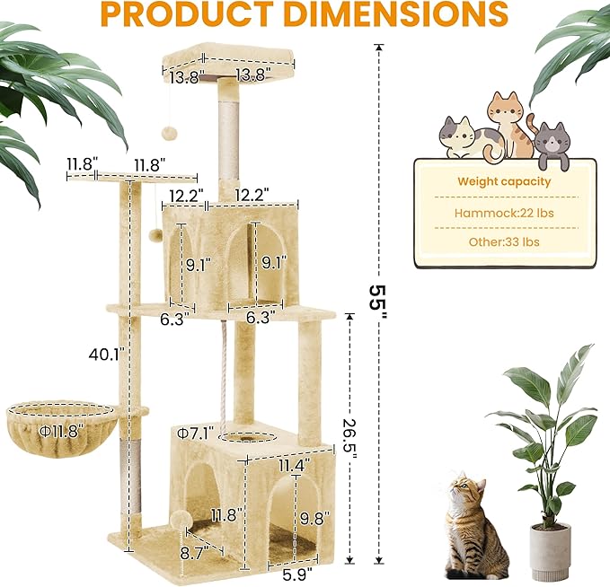 Cat Tree, 54-Inch Cat Tower for Indoor Cats, Soft Plush Multi-Level Climbing Cat Condo with Scratching Posts, Basket, Perches,2 Caves,2 Pompoms Play House for Cat(Beige)