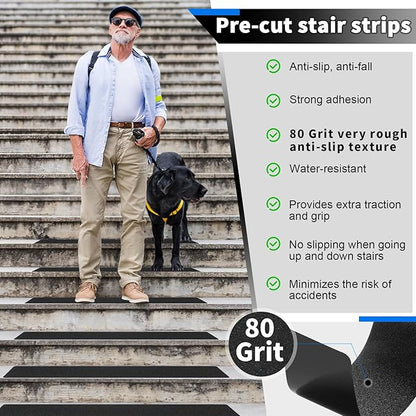 Outdoor Stair Treads Non-Slip Step Strips for Wooden Steps 10 Pack 6” x 24” Anti Slip Grip Tape Precut for Outside Stairs, Non Skid Stair Tread Mats Weather Resistant for Outdoors, Black