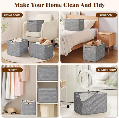 Storage Baskets for Organizing, 4 Pack Baskets for Shelves, Decorative Storage Bins for Shelves, Cotton Rope Storage Basket with Handles, Woven Basket for Storage, 13''Lx8.7''Wx7.9''H, Gray