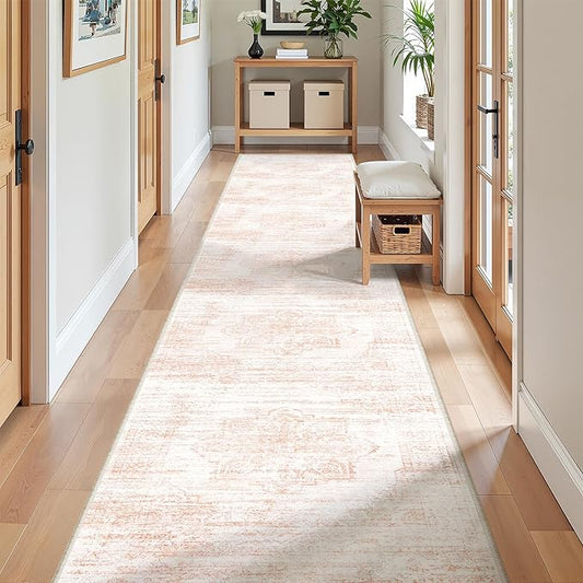 2x12 Runner Rug, Long Hallway Rugs for Dining Room, Living Room, Bedroom, Machine Washable Kitchen Carpet Runner with Rubber Backing, Soft Low Pile Indoor Rug(2'x12', Pink/White)