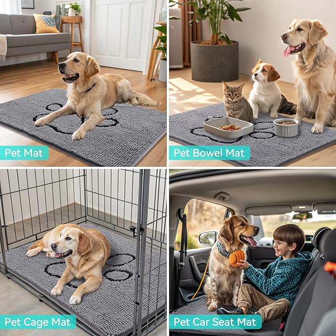 Smiry Dog Door Mat for Muddy Paws, Absorbent Dirt Trapper Non Slip Quick Dry Washable Chenille Mat for Mud Dogs, Entry Rug for Indoor and Outdoor (30x20 Inches, Grey)