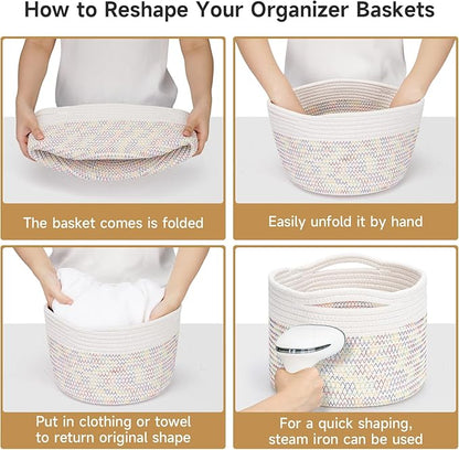 Small Rope Baskets for Storage, Baskets for Gifts Empty, Cute Round Woven Basket, Decorative Shelf Baskets 9.82×9.82×7.1", Cotton Toy Basket Storage Bins for Organizer 3 Packs-Rainbow