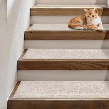 Non Slip Microfiber Stair Treads for Wooden Steps, 15PCS 8"x30" Indoor Safety Carpet, 3D Cut & Loop Tufted Edging Mats with TPE Adhesive Backing, Pet & Elderly Friendly Stair Rugs (Beige Border)