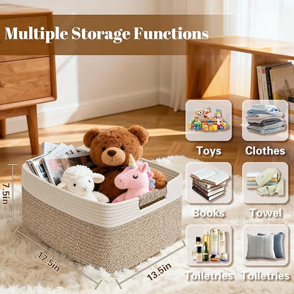 3 Pack Large Storage Basket for Organizing, 17.5"x13"x7" Woven Basket for Shelves, Closet Cube Storage Bins with Wrapped Handle, Cotton Rope Baskets for Kitchen, Clothes, Toys(Off White & Brown)