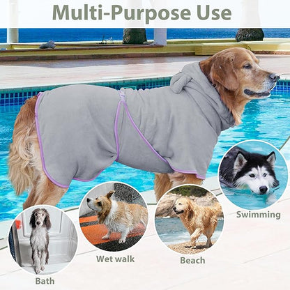 Dog Bathrobe Super Absorbent Towel Robe - Microfiber Bath Towels Fast Drying Coat for Dogs, Cute Dogs Clothes Adjustable Collar & Belly Strap Warm Keeping Hooded Dog Towel (Grey, XX-Large)