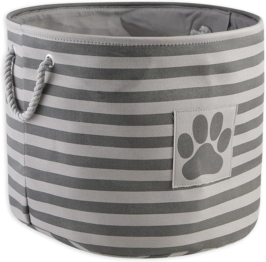 Bone Dry Pet Storage Collection Striped Paw Patch Bin, Large Round, Gray