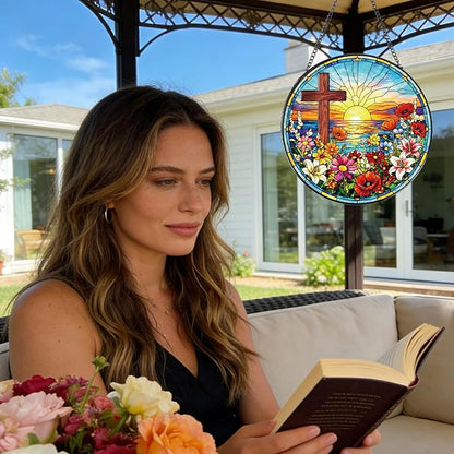 Cross Stained Glass Window Hanging, 8 Inch Wildflower Sunset Sun Catcher Gift, Religious Easter Faith Christian Gifts for Wall Art Hanging Decorations