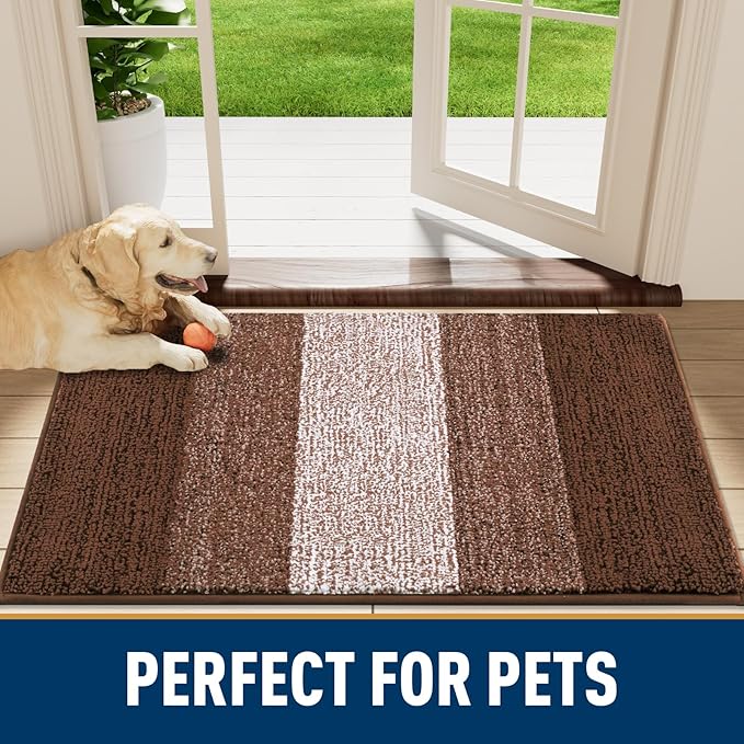 Smiry Dog Door Mat for Muddy Paws, Absorbs Moisture and Dirt, Low-Profile Entryway Mat with Non-Slip Backing, Entry Indoor Outdoor Doormat for Inside Floor (59x35 Inches, Brown, Striped)
