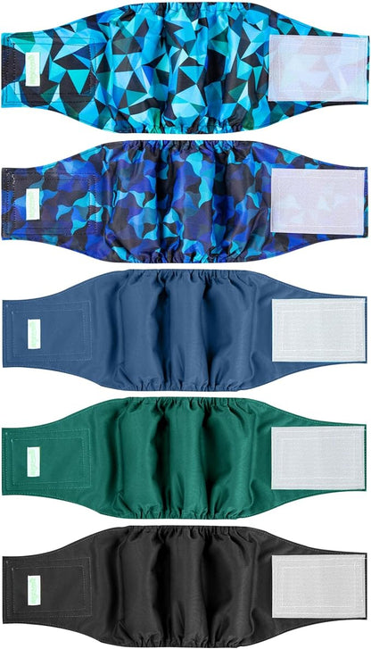 wegreeco Small Dog Diapers Male,Reusable Belly Bands for Male Dogs,Washable Doggie Puppy Male Diapers Wraps,Medium Large Size (5 Pack Medium, Dark Geometry)