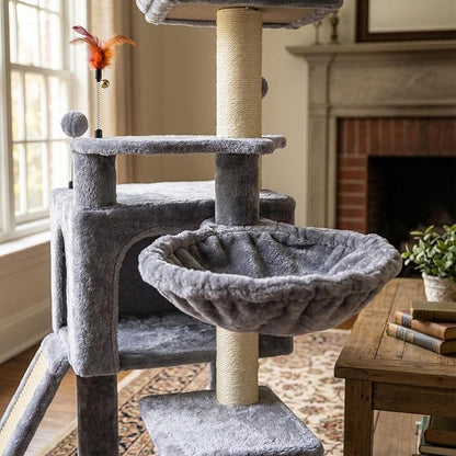 AIWIKIDE 35.4'' Multifunction Cat Tree with Cozy Hammock & Hanging Ball, Cat Tower with Activity Cat Condo & Jute-Covered Scratching Posts, Grey