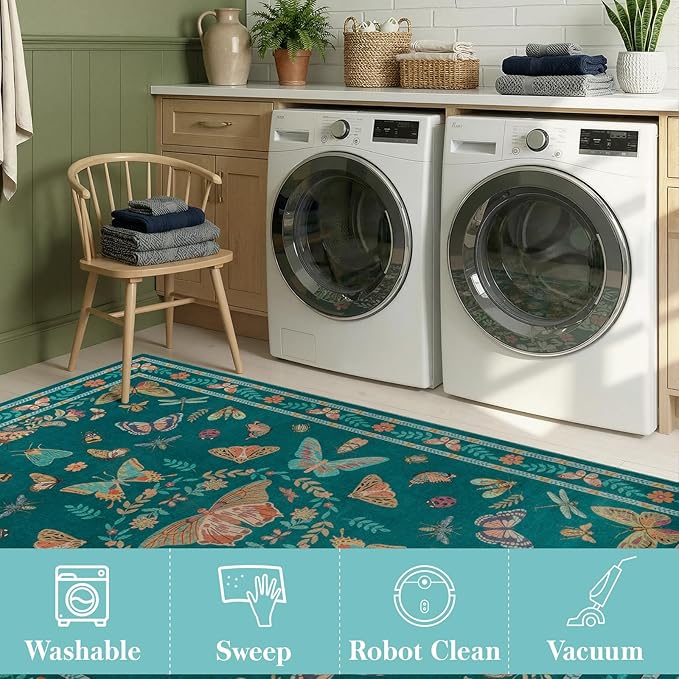 Unirea 2x6 Dark Blue Runner Rug, Washable Non Slip Insect Botanical Rug for Hallway, Kitchen, Bathroom, Laundry Room, Entryway, Bedroom, Soft Boho Door Mat Indoor Entrance Bug Rugs, Low Pile Carpet