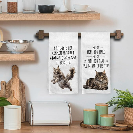 Funny Maine Coon Cat Kitchen Towels, Maine Coon Cat Mom Lady Lovers Gifts for Women Hand Towels, Gifts for Pet Lovers Dishcloths Dish Towel for Kitchen 16x24 Inches Set of 2