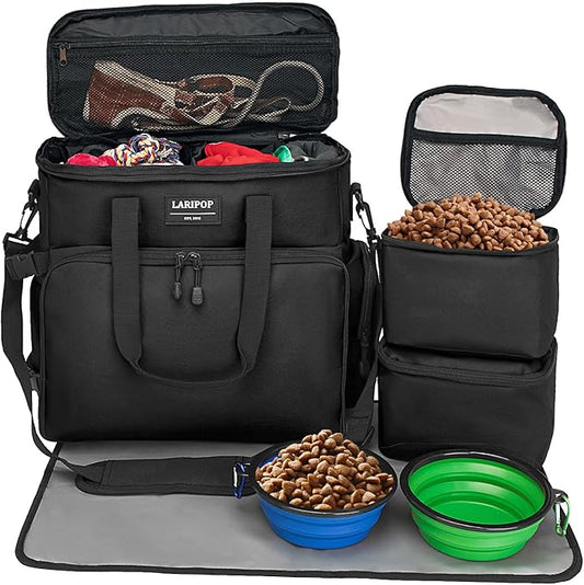 LARIPOP Dog Travel Bag Airline Friendly for Small Medium Large Dogs, Pet Travel Organizer with Collapsible Bowls Food Containers Mat, Waterproof Portable Tote for Dog Outdoor Travel