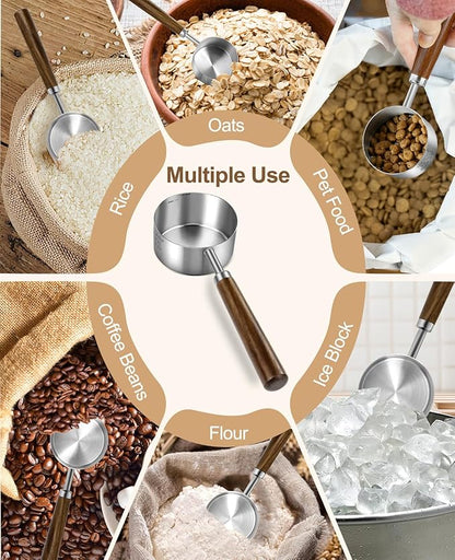 Stainless Steel Dog Food Scoop, Dog Food Measuring Cup With Measuring Lines (Cup/ML) & Long Wooden Handle, Metal Pet Food Scoop For Dogs, Cats and Kitchen Use, Dishwasher Safe (1/4 CUP)