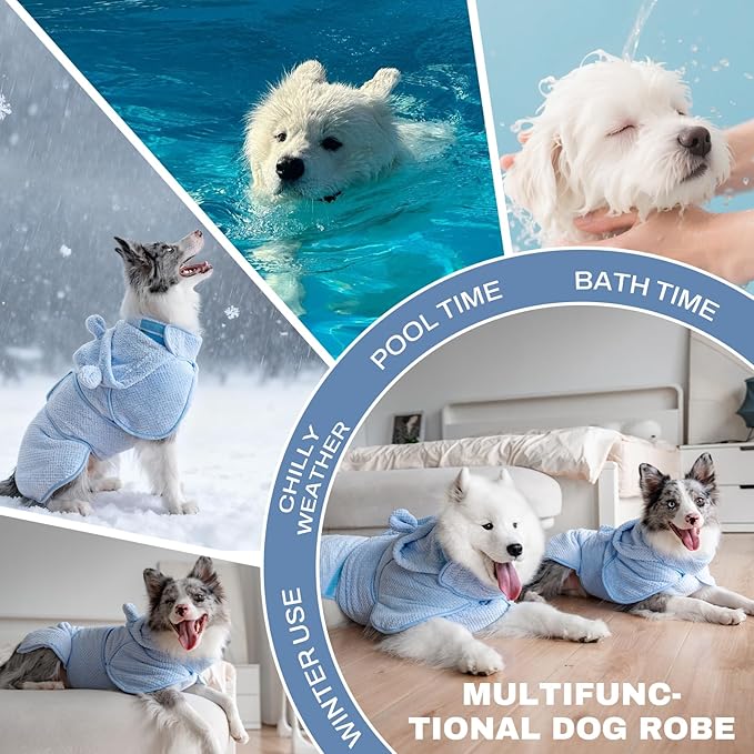 Dog Bathrobe Towel Wrap, Hooded Double Layer Super Absorbent Dog Drying Coat, Adjustable Warm Bath Robe for Cold Weather, Beach, Pool, Fast Drying Towels for Large Medium Dogs,Blue,M