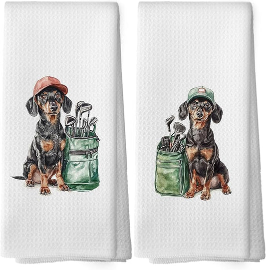 Golf Dog Kitchen Towels - Doberman Pinscher Dish Towels, Sports Gifts, Pet Golf Club Decorative Absorbent Dishcloths Hand Towels Set of 2 for Spa Kitchen Gym Decor 16x24 Inches