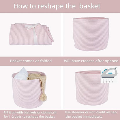 Cotton Rope Basket For Girls Kids 16”X14” Baby Laundry Baskets Nursery Bin Round Woven Basket Organizer For Storage Toys Blankets Shoes Clothes pink