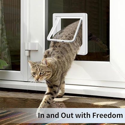 Cat Door for Interior Exterior Door (Outer Size 9.8" x 9.3"), 4-Way Locking Flap for Cats & Dogs(Circumference < 23"), Weatherproof Pet Door, White, ABS Material (L)