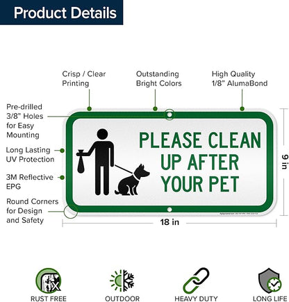 Please Clean Up After Your Pet Sign, 9x18 Inches, Reflective, Rust Free DiBound, Fade Resistant, Made in USA by My Sign Center