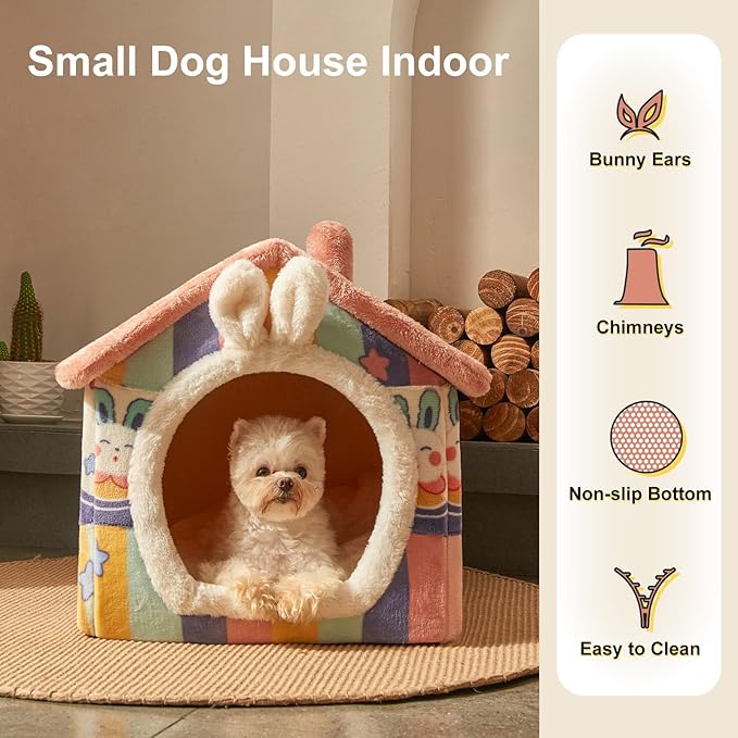 JIUPETY Cute Cat Houses for Indoor Cats, Dog Bed with Cover Cave, M Size Cat Cave for 7-14 Lb Dogs and 9-17 Lb Cats, Igloo Dog House with Non-Slip Bottom, Rainbow