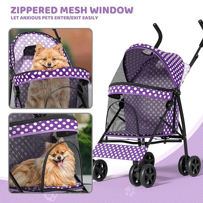Magshion Compact Pet Stroller for Small-Medium Dogs/Cats up to 22lbs, 4-Wheel Lightweight Umbrella Shaped Portable Puppy Travel Jogger w/Breathable Mesh, Cup Holder & Rear Storage, Purple Polka Dots