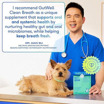 Native Pet GutWell Clean Breath - Dog Breath Freshener & Dog Dental Powder - Teeth Cleaning to Reduce Plaque & Tartar - Promotes Fresh Breath with Targeted Triple-biotic Dental Care Blend - 60 Scoops