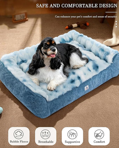 42” Dog Bed with Shredded Foam Filling, Calming Pet Sofa with Removable Washable Cover, Soft Faux Fur Bolster Couch for Dogs, Anti-Slip Bottom