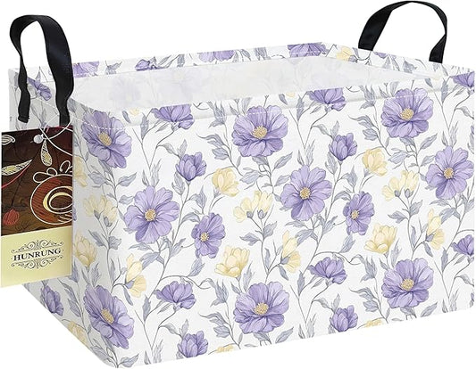 HUNRUNG Rectangle Storage Basket Cute Canvas Organizer Bin for Pet/Children Toys, Books, Clothes Perfect for Rooms(REC-Purple Flowers)