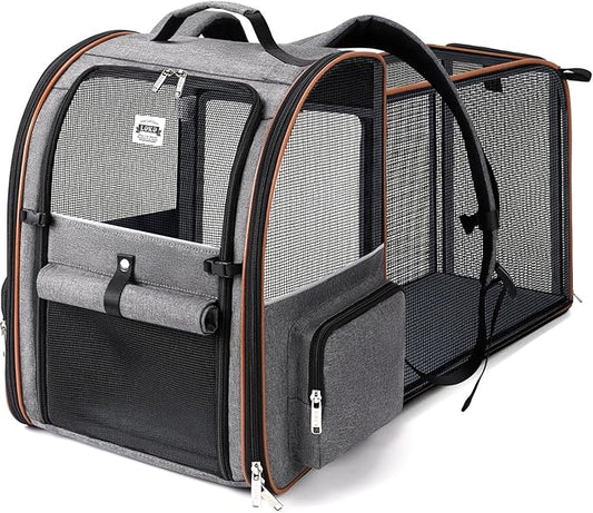 Lekebobor Cat Carrier Backpack, Expandable Pet Carrier with Sun Shade & Full Front Opening, Breathable Mesh Backpack for Small Dogs & Medium Cats Up to 18 Lbs, Foldable for Hiking, Camping (Grey)
