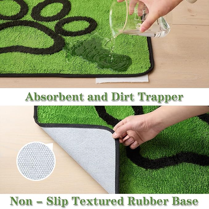 Qeils Dog Door Mat for Muddy Paws 35x24, Absorbs Moisture and Dirt, Absorbent Non-Slip Washable Dog Rug, Mud Mats for Dogs, Entry Indoor Door Mat for Inside Floor, Green