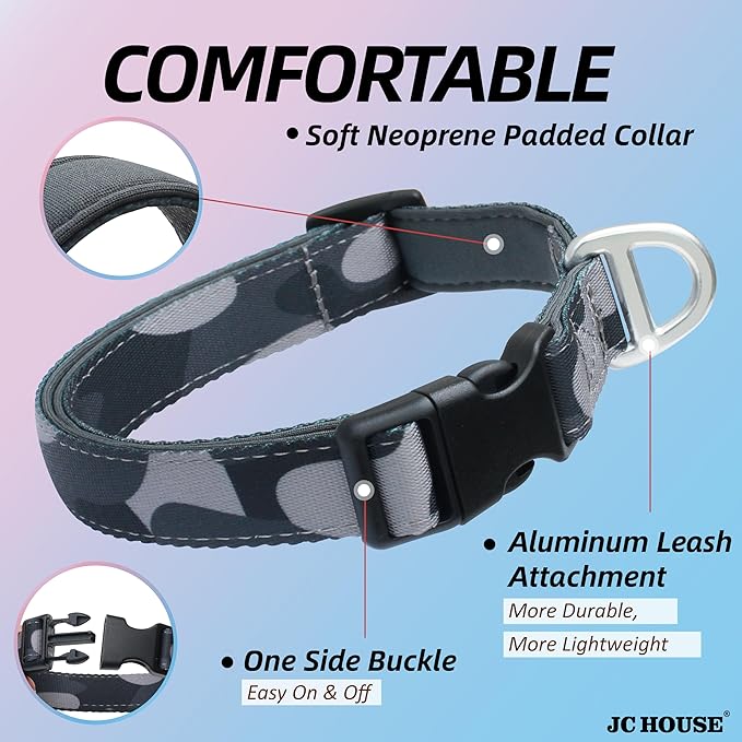 Soft Padded Dog Collar, Neck 9’’-14’’, Adjustable Heavy Duty Collar with 3M Reflective Logo for Small Dogs, Camo Dark Gray, S