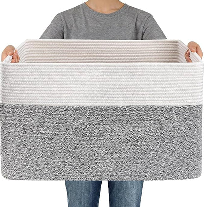 Woven Blanket Basket,96L Large Storage Bin for Blankets Toys Clothes,Decorative Rope Basket for Living Room Bedroom with Handles, White&Grey