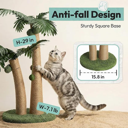 33" Tall Cat Scratching Post, Natural Jute Cat Scratcher for Indoor Cats, Double Coconut Tree Design with Hanging Toy Ball & Rest Platform,Stable Furniture Protector for Kittens & Adult Cats,M