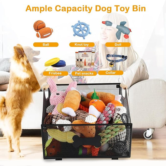 Metal Dog Toy Basket Collapsible,Mesh Wire Pet Toy Basket,Trapezoidal Cat Toy Bin with Wooden Handles,Dog Storage Organizer,Ideal for Pet Accessories-Easy Access