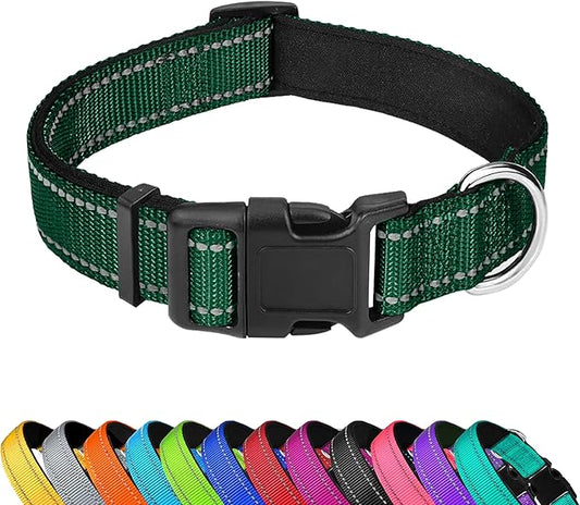 Reflective Dog Collar, Adjustable Soft Neoprene Padded Nylon Pet Collars with Buckle for Small Dogs, Dark Green,S