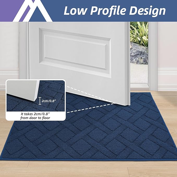 COSY HOMEER Door Mat Indoor Entrance, Non-Slip Absorbent Doormat for Front Door, Low-Profile Entryway Mat for Dirty Paws, Washable Dirt Trapper Mats (24"x36", Blue)