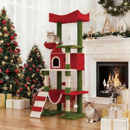 STILLCOVE 63" Large Christmas Cat Tree Tower Indoor: Tall Modern Cute Heavy Duty Cat Condo House with Scratching Post & Hammock for Maine Coon