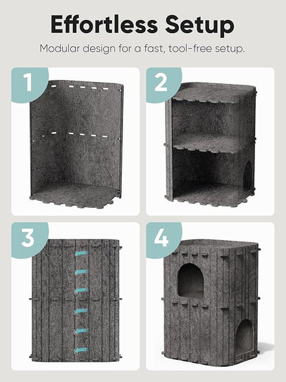 FUKUMARU Cat House for Indoor Cats, 23.62 Inch Large Cat Bed Cave Condo, 2-Storey Cozy Felt Covered Cats Tunnel Kitten Hideaway for Multicats, Scratch Resistant, Dark Grey