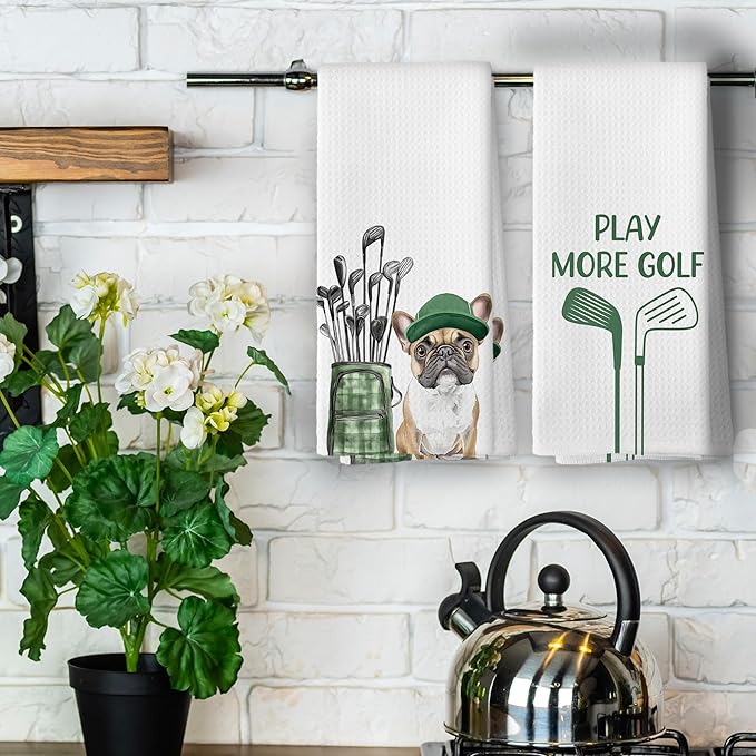 Golf Dog Kitchen Towels - French Bulldog Dish Towels, Sports Gifts, Pet Golf Club Decorative Absorbent Dishcloths Hand Towels Set of 2 for Spa Kitchen Gym Decor 16x24 Inches